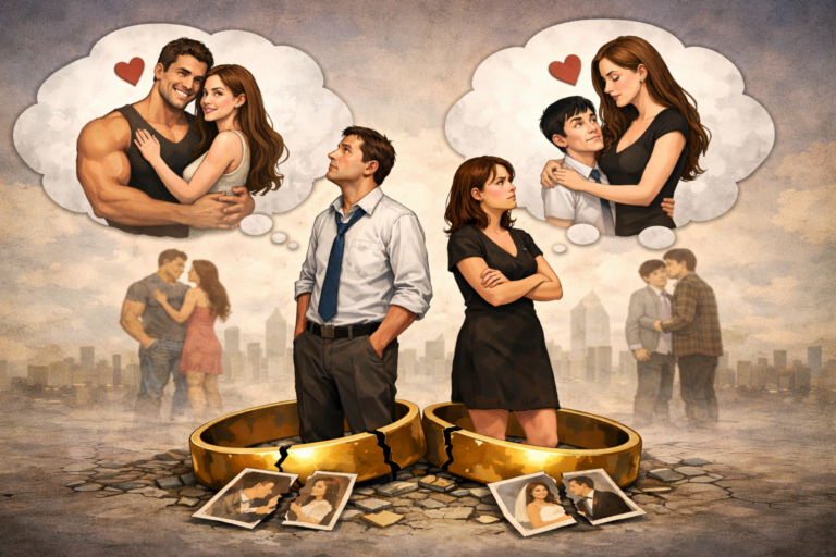 Divorced man and woman standing on broken wedding rings while imagining ideal partners, illustrating remarriage expectations and appearance standards in Korean dating culture.
