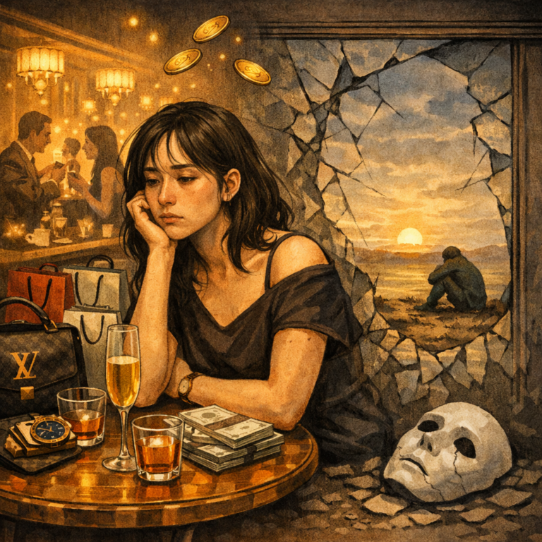 "Illustration of a Korean woman in a luxurious setting, surrounded by money, shopping bags, and luxury items, gazing through a cracked window into an empty barren landscape. The image symbolizes emotional emptiness hidden behind wealth and consumerism, contrasting material comfort with inner loneliness